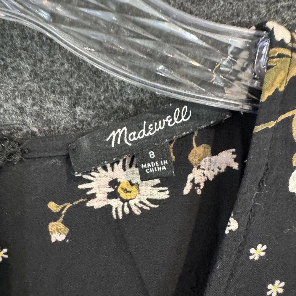 Madewell Wrap Front Dress Women's 8 Black Daisy Floral Fit Flare Puff Sleeve - Picture 3 of 8